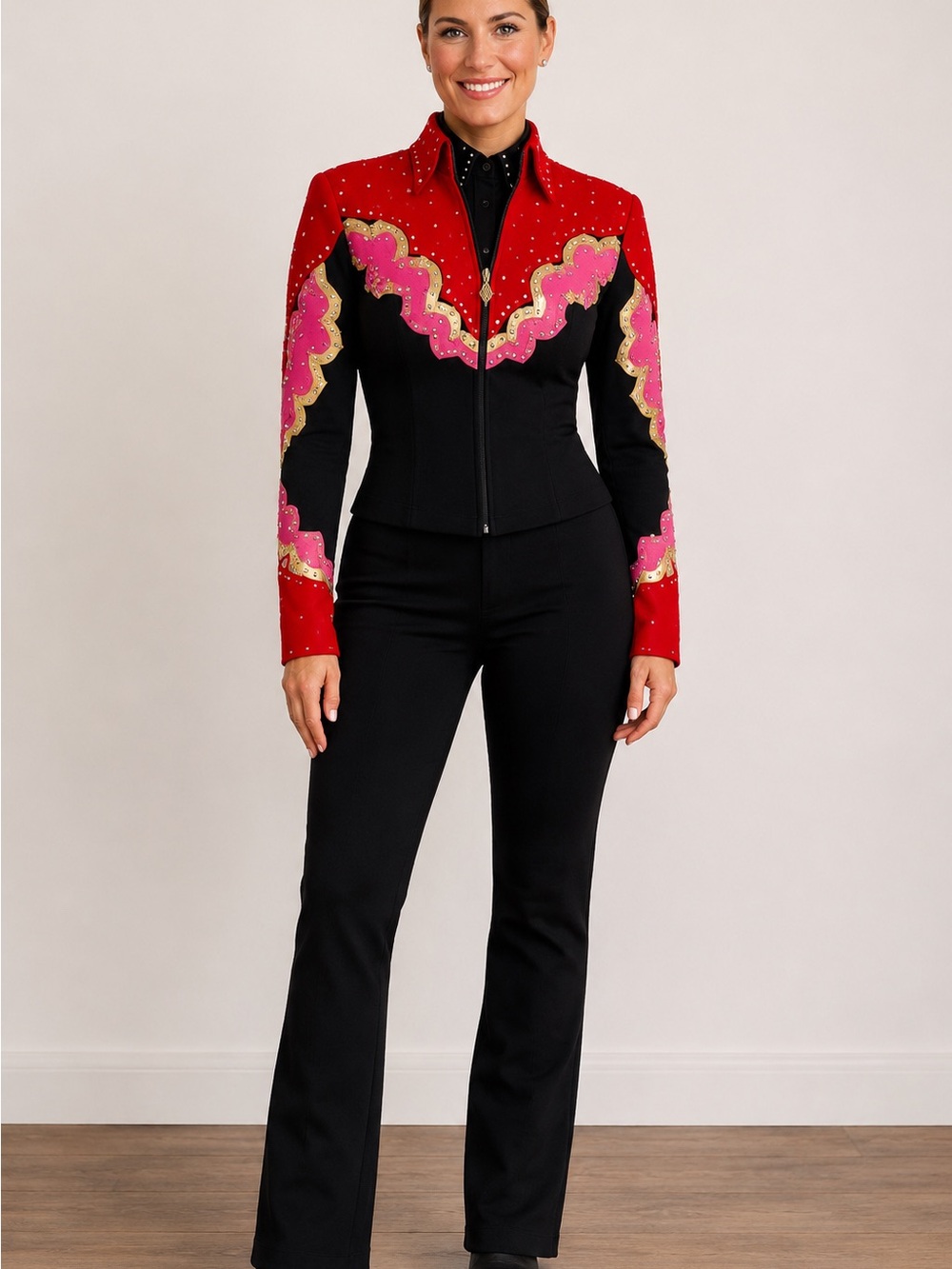 Custom Western Show Outfit 3 piece Embellished Red & Black Jacket, Pants Top S